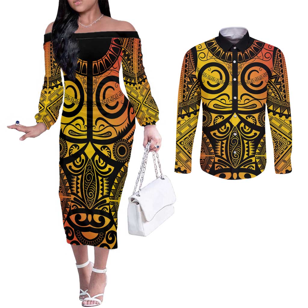 Marquesas Islands Couples Matching Off The Shoulder Long Sleeve Dress and Long Sleeve Button Shirt Marquesan Tattoo Yellow Gradient - Polynesian Pride