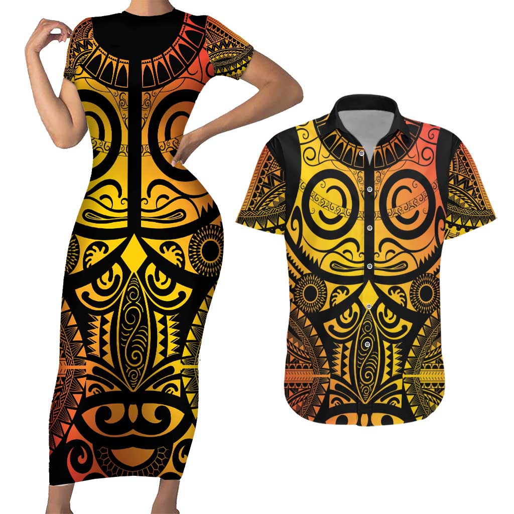 Marquesas Islands Couples Matching Short Sleeve Bodycon Dress and Hawaiian Shirt Marquesan Tattoo Yellow Gradient - Polynesian Pride