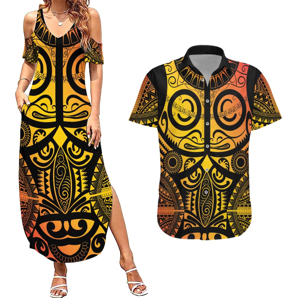 Marquesas Islands Couples Matching Summer Maxi Dress and Hawaiian Shirt Marquesan Tattoo Yellow Gradient - Polynesian Pride