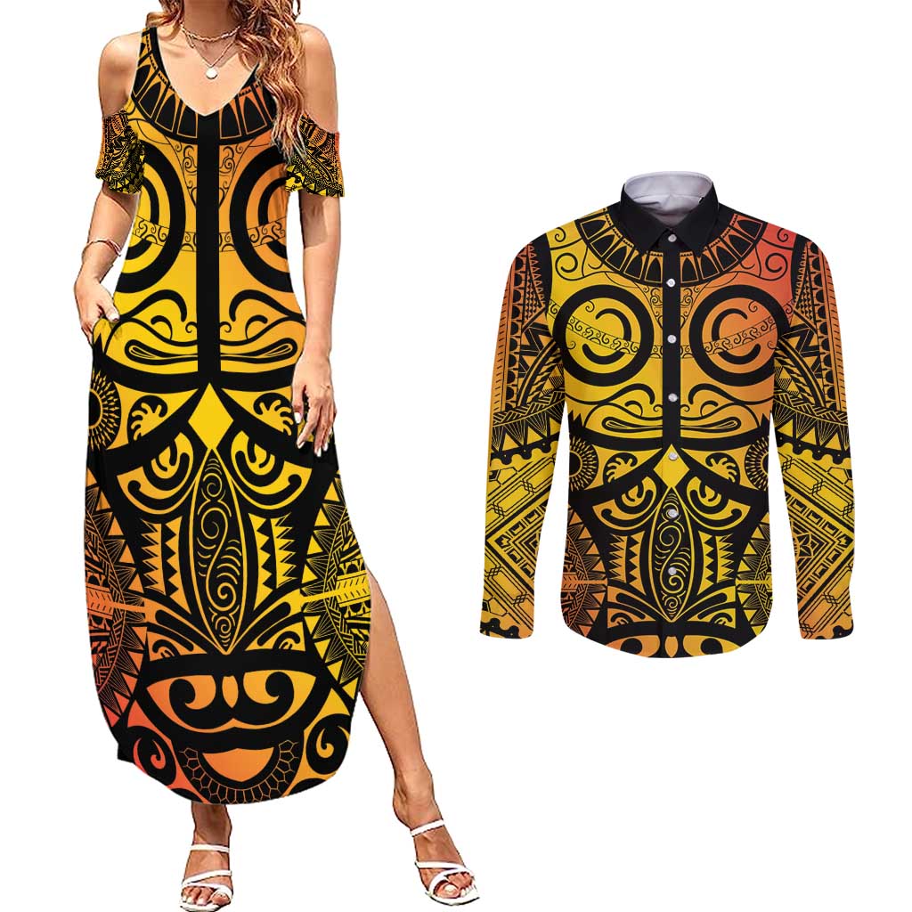 Marquesas Islands Couples Matching Summer Maxi Dress and Long Sleeve Button Shirt Marquesan Tattoo Yellow Gradient - Polynesian Pride