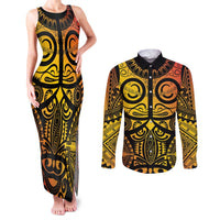 Marquesas Islands Couples Matching Tank Maxi Dress and Long Sleeve Button Shirt Marquesan Tattoo Yellow Gradient - Polynesian Pride