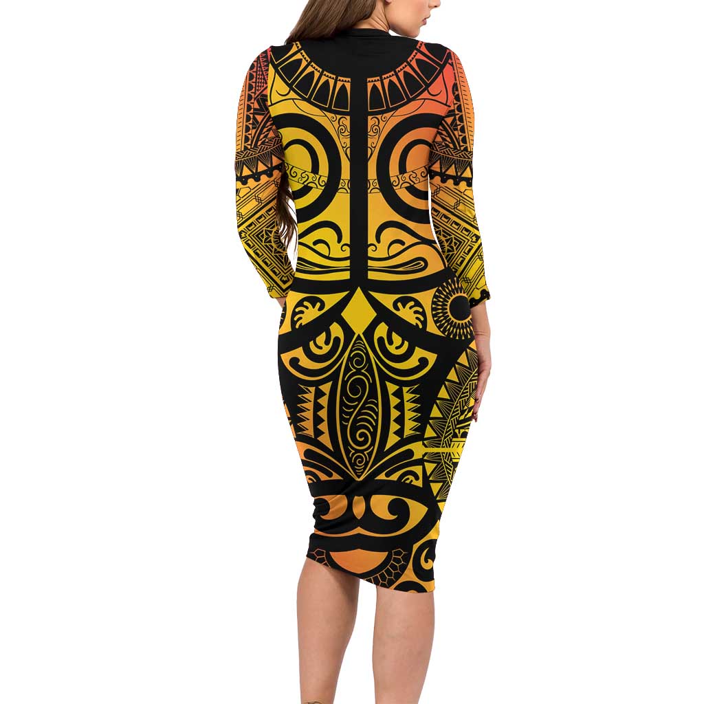 Marquesas Islands Family Matching Long Sleeve Bodycon Dress and Hawaiian Shirt Marquesan Tattoo Yellow Gradient - Polynesian Pride