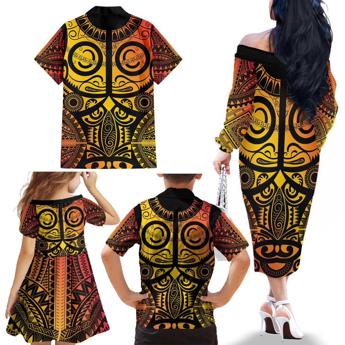 Marquesas Islands Family Matching Off The Shoulder Long Sleeve Dress and Hawaiian Shirt Marquesan Tattoo Yellow Gradient - Polynesian Pride