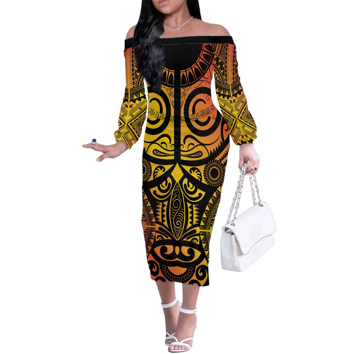 Marquesas Islands Family Matching Off The Shoulder Long Sleeve Dress and Hawaiian Shirt Marquesan Tattoo Yellow Gradient - Polynesian Pride