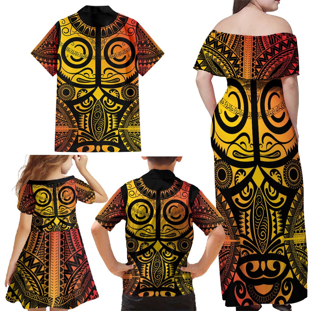 Marquesas Islands Family Matching Off Shoulder Maxi Dress and Hawaiian Shirt Marquesan Tattoo Yellow Gradient - Polynesian Pride