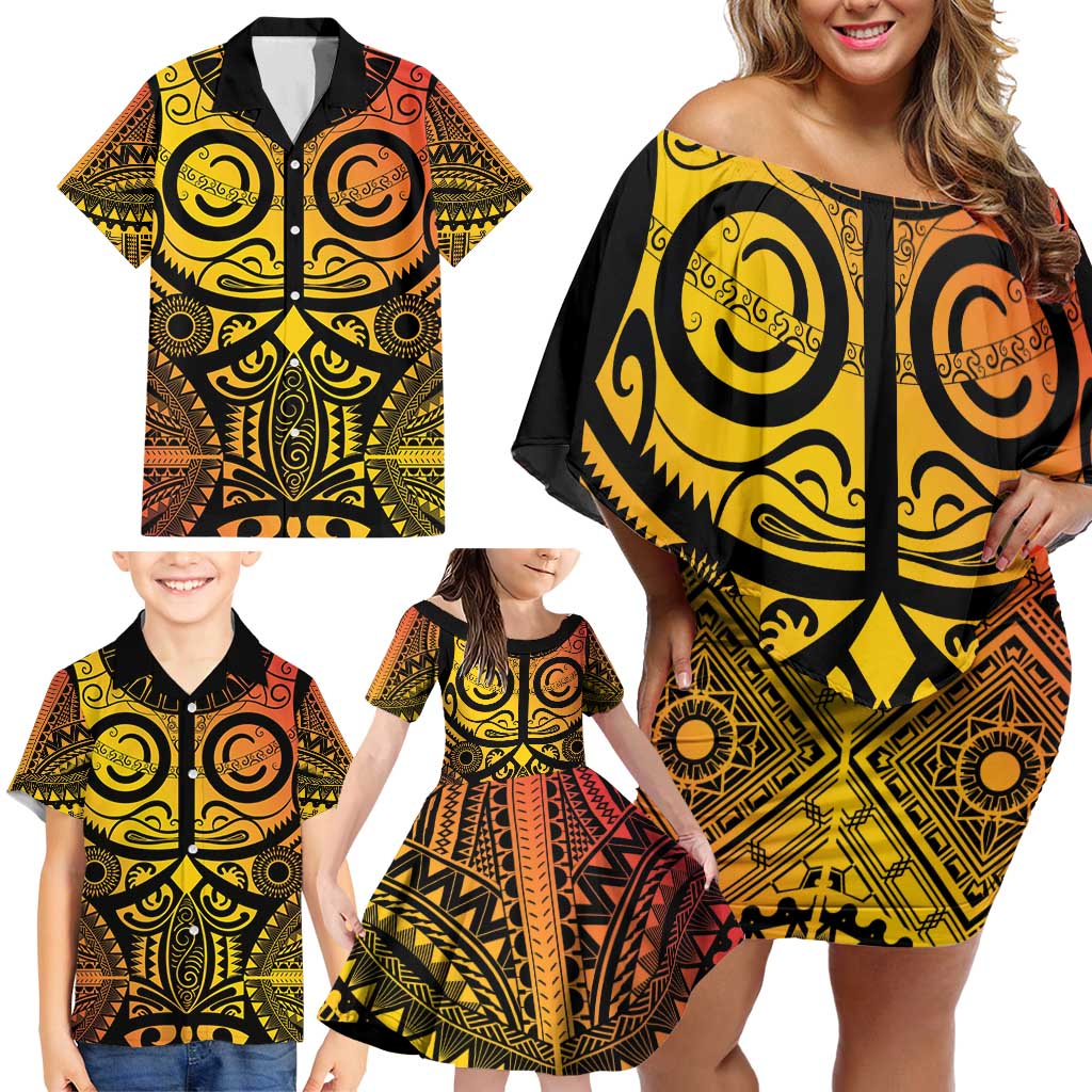 Marquesas Islands Family Matching Off Shoulder Short Dress and Hawaiian Shirt Marquesan Tattoo Yellow Gradient - Polynesian Pride