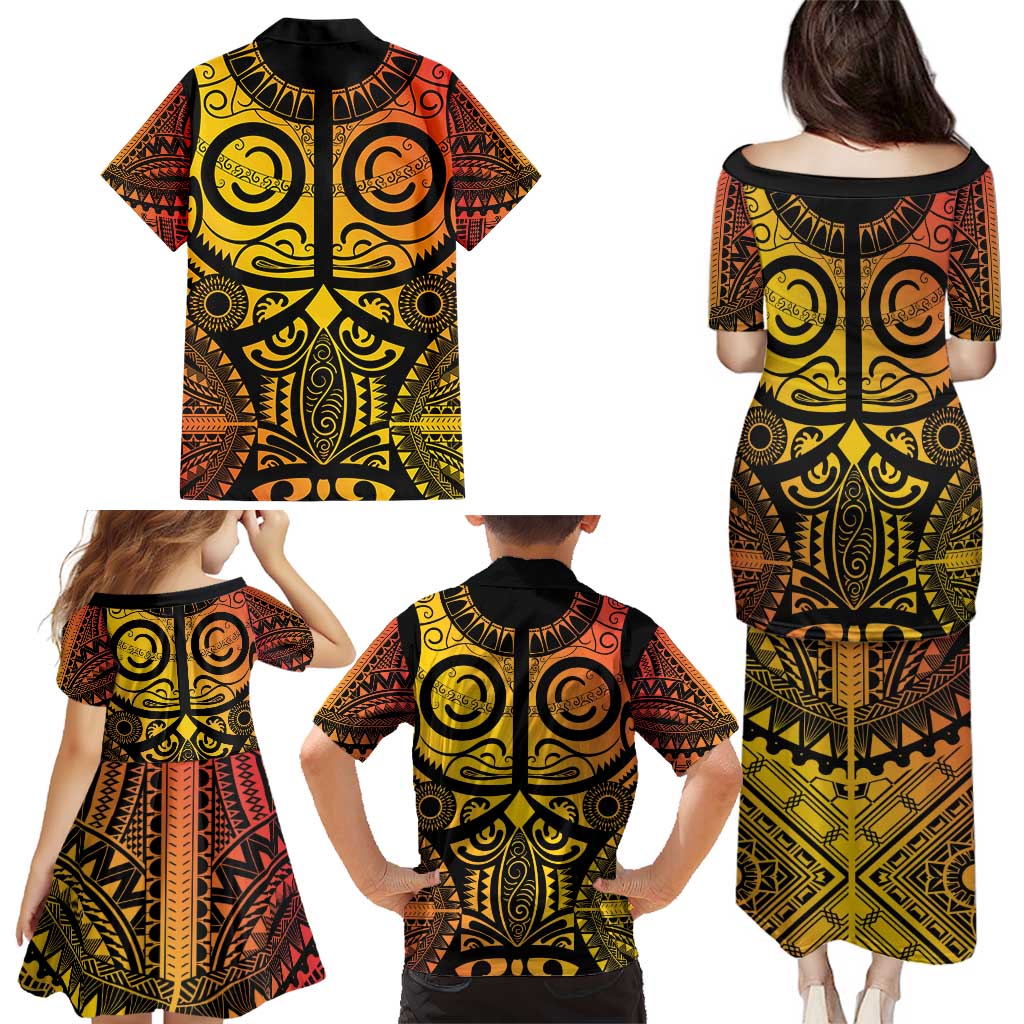 Marquesas Islands Family Matching Puletasi and Hawaiian Shirt Marquesan Tattoo Yellow Gradient - Polynesian Pride