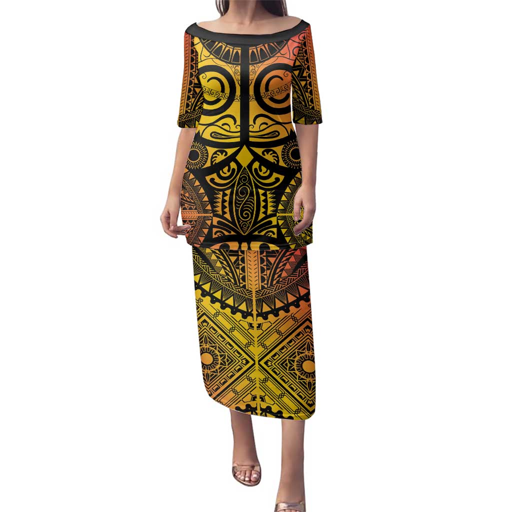 Marquesas Islands Family Matching Puletasi and Hawaiian Shirt Marquesan Tattoo Yellow Gradient - Polynesian Pride