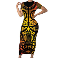 Marquesas Islands Family Matching Short Sleeve Bodycon Dress and Hawaiian Shirt Marquesan Tattoo Yellow Gradient - Polynesian Pride