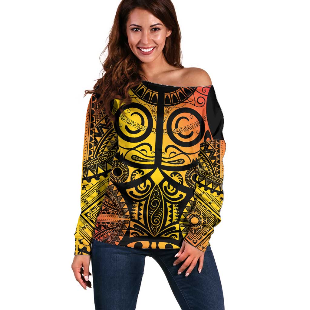 Marquesas Islands Off Shoulder Sweater Marquesan Tattoo Yellow Gradient - Polynesian Pride