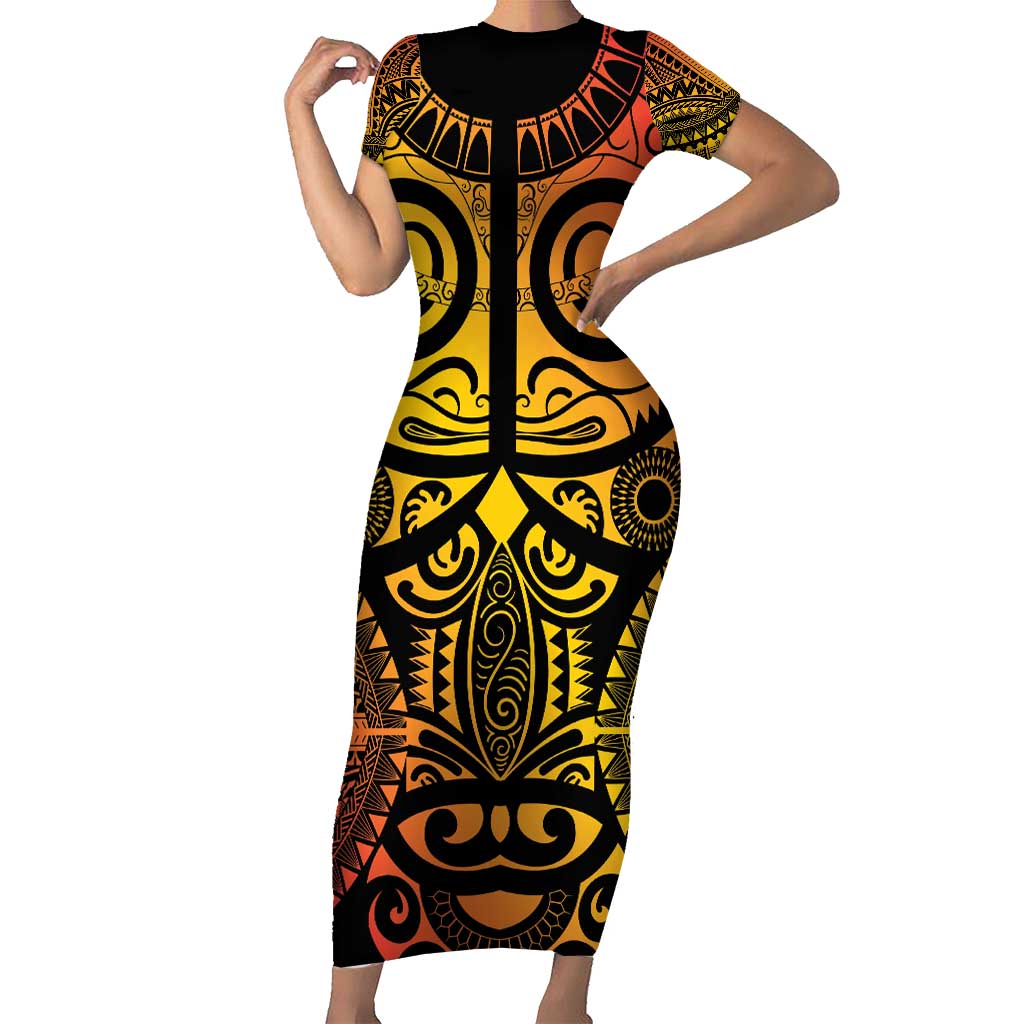 Marquesas Islands Short Sleeve Bodycon Dress Marquesan Tattoo Yellow Gradient - Polynesian Pride