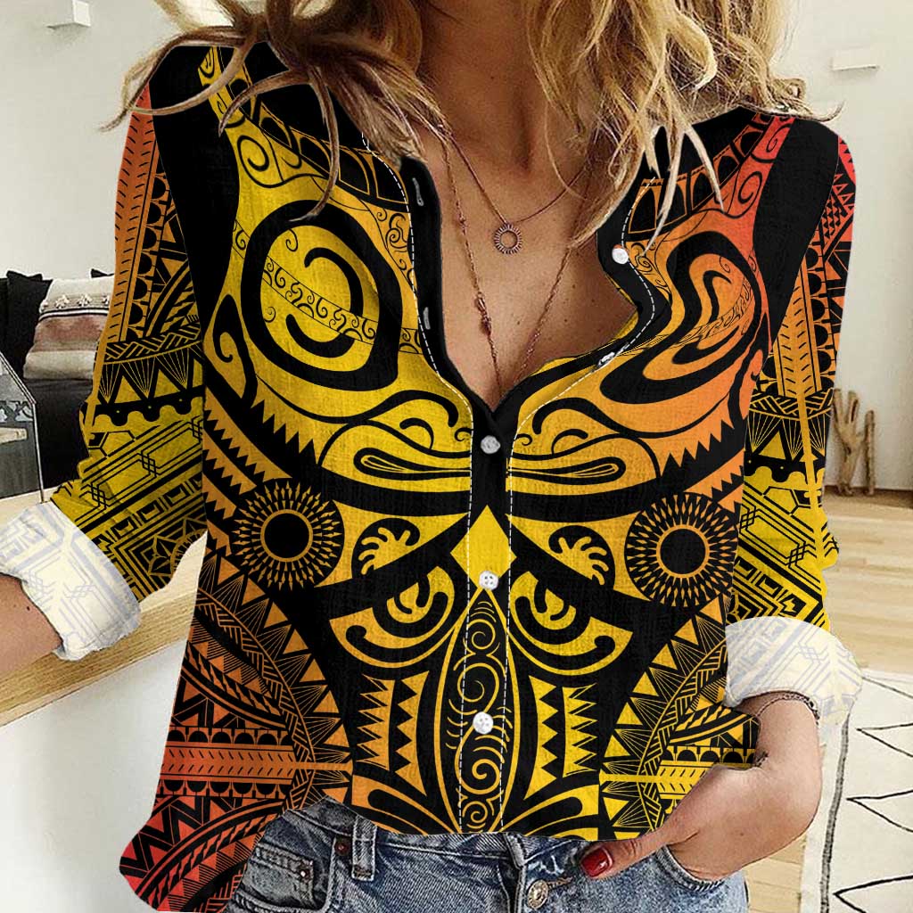 Marquesas Islands Women Casual Shirt Marquesan Tattoo Yellow Gradient - Polynesian Pride
