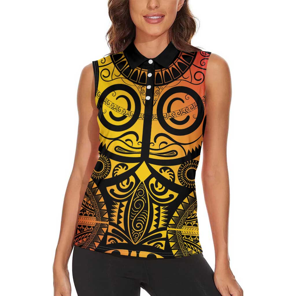 Marquesas Islands Women Sleeveless Polo Shirt Marquesan Tattoo Yellow Gradient - Polynesian Pride