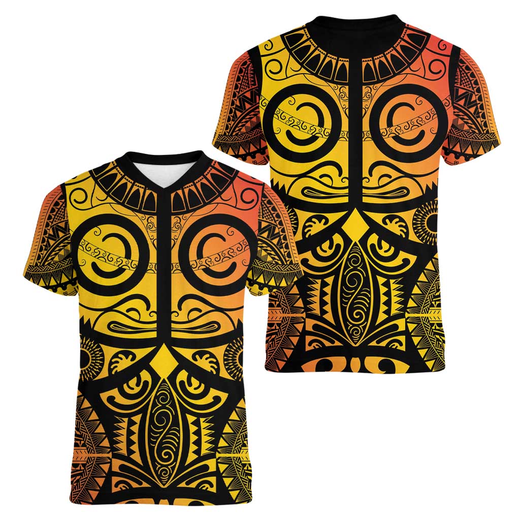 Marquesas Islands Women V-Neck T-Shirt Marquesan Tattoo Yellow Gradient - Polynesian Pride