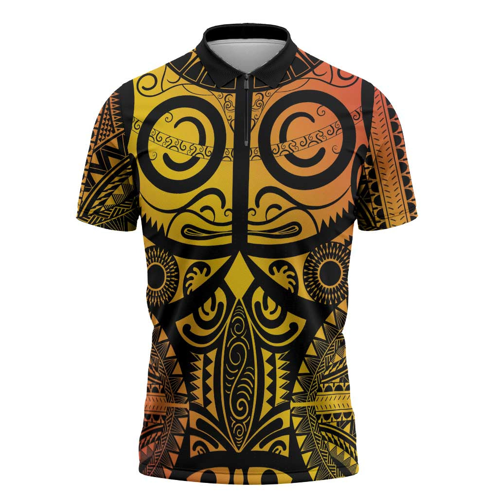 Marquesas Islands Zipper Polo Shirt Marquesan Tattoo Yellow Gradient - Polynesian Pride