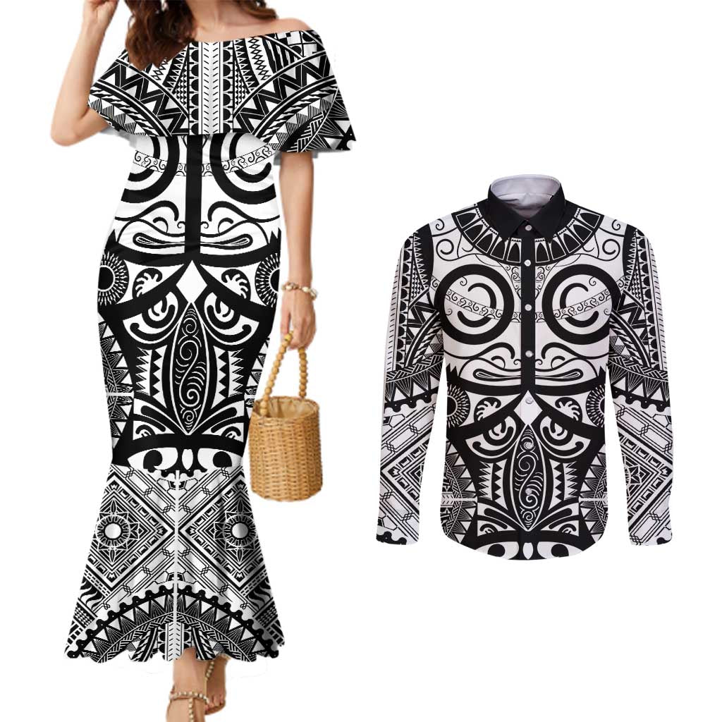 Marquesas Islands Couples Matching Mermaid Dress and Long Sleeve Button Shirt Marquesan Tattoo Black White Color - Polynesian Pride