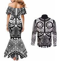 Marquesas Islands Couples Matching Mermaid Dress and Long Sleeve Button Shirt Marquesan Tattoo Black White Color - Polynesian Pride