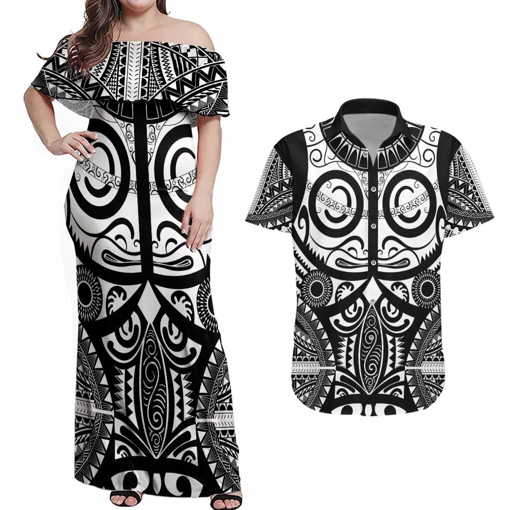 Marquesas Islands Couples Matching Off Shoulder Maxi Dress and Hawaiian Shirt Marquesan Tattoo Black White Color - Polynesian Pride