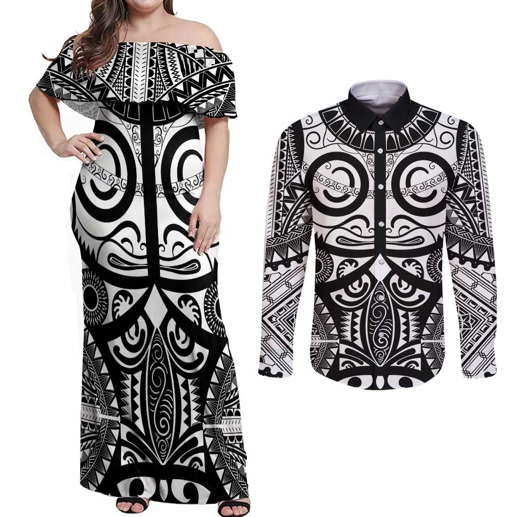 Marquesas Islands Couples Matching Off Shoulder Maxi Dress and Long Sleeve Button Shirt Marquesan Tattoo Black White Color - Polynesian Pride