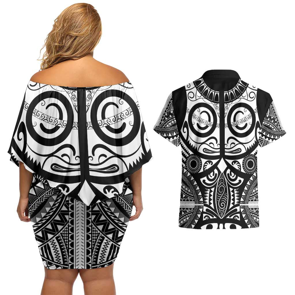 Marquesas Islands Couples Matching Off Shoulder Short Dress and Hawaiian Shirt Marquesan Tattoo Black White Color - Polynesian Pride