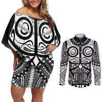 Marquesas Islands Couples Matching Off Shoulder Short Dress and Long Sleeve Button Shirt Marquesan Tattoo Black White Color - Polynesian Pride