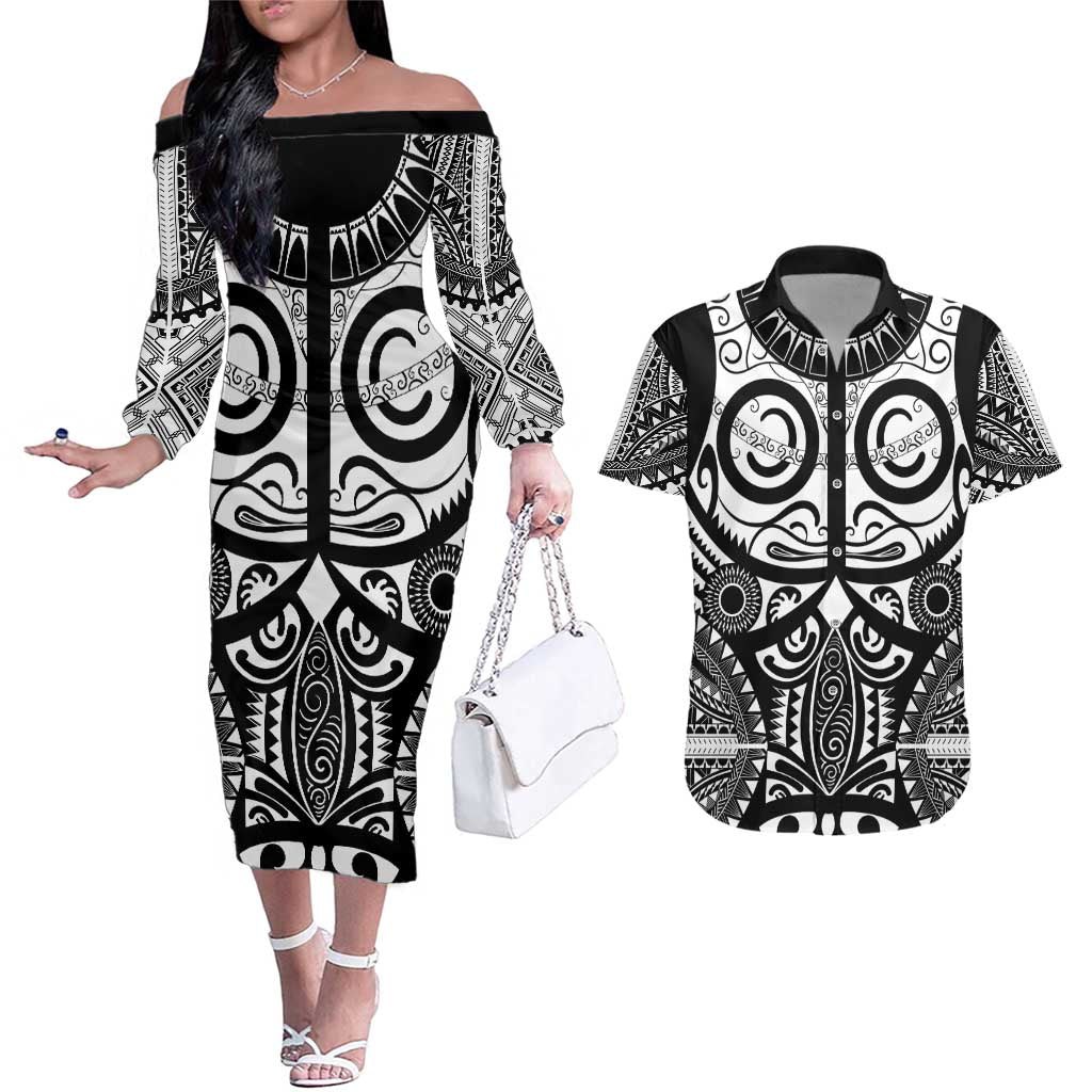 Marquesas Islands Couples Matching Off The Shoulder Long Sleeve Dress and Hawaiian Shirt Marquesan Tattoo Black White Color - Polynesian Pride