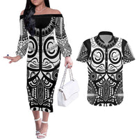 Marquesas Islands Couples Matching Off The Shoulder Long Sleeve Dress and Hawaiian Shirt Marquesan Tattoo Black White Color - Polynesian Pride