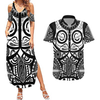 Marquesas Islands Couples Matching Summer Maxi Dress and Hawaiian Shirt Marquesan Tattoo Black White Color - Polynesian Pride