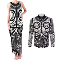 Marquesas Islands Couples Matching Tank Maxi Dress and Long Sleeve Button Shirt Marquesan Tattoo Black White Color - Polynesian Pride