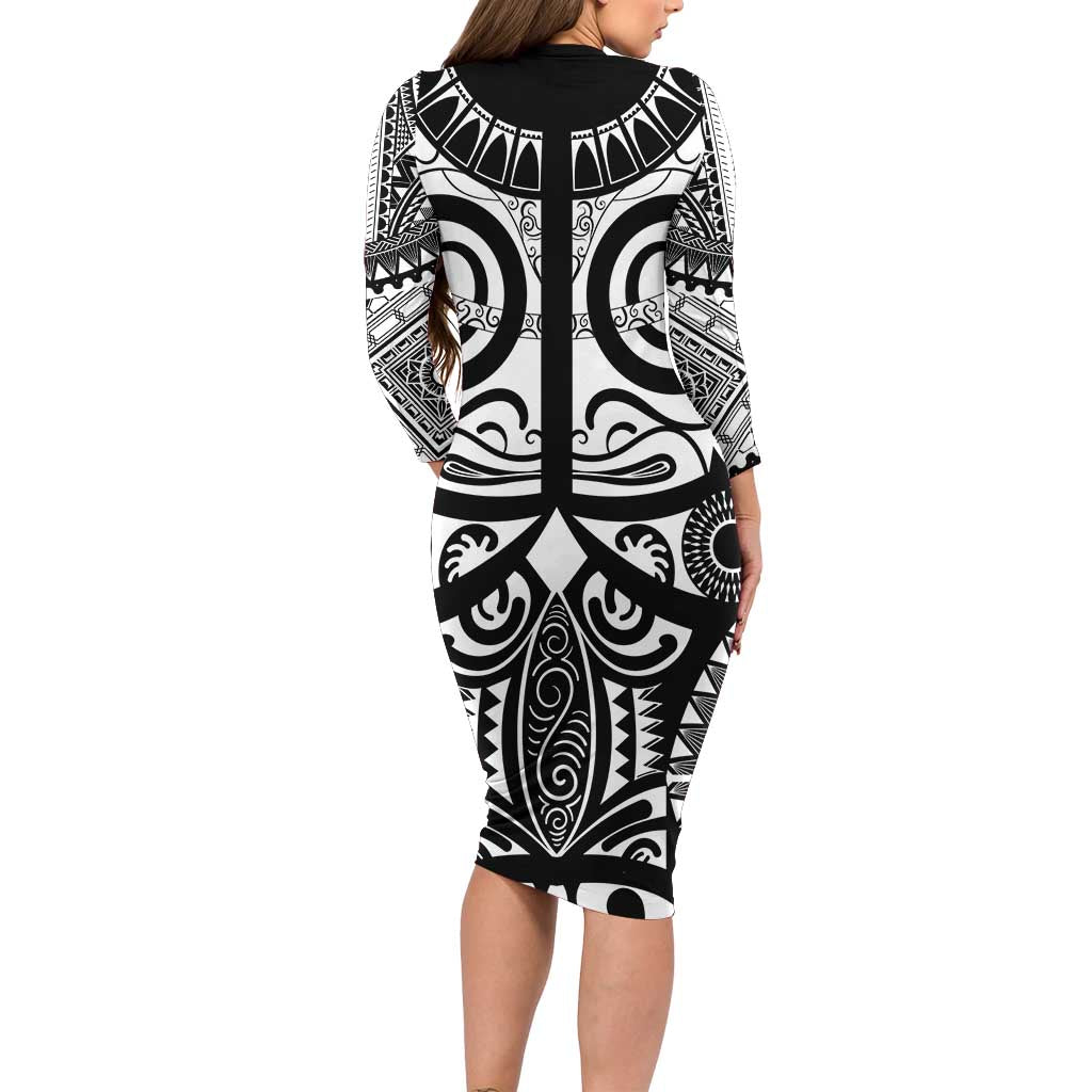 Marquesas Islands Family Matching Long Sleeve Bodycon Dress and Hawaiian Shirt Marquesan Tattoo Black White Color - Polynesian Pride