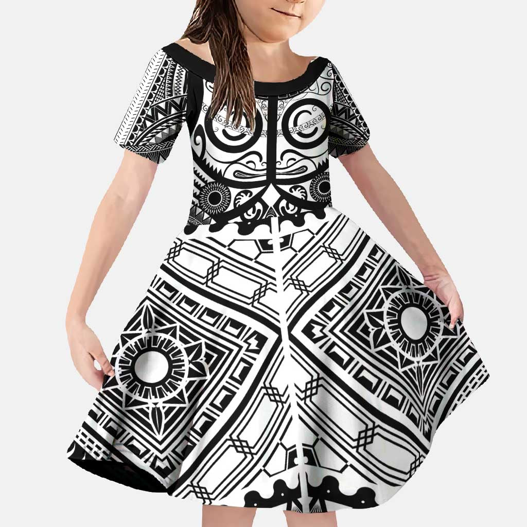 Marquesas Islands Family Matching Mermaid Dress and Hawaiian Shirt Marquesan Tattoo Black White Color LT14 Daughter's Dress Black - Polynesian Pride