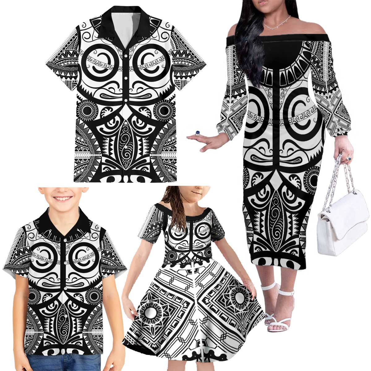 Marquesas Islands Family Matching Off The Shoulder Long Sleeve Dress and Hawaiian Shirt Marquesan Tattoo Black White Color - Polynesian Pride
