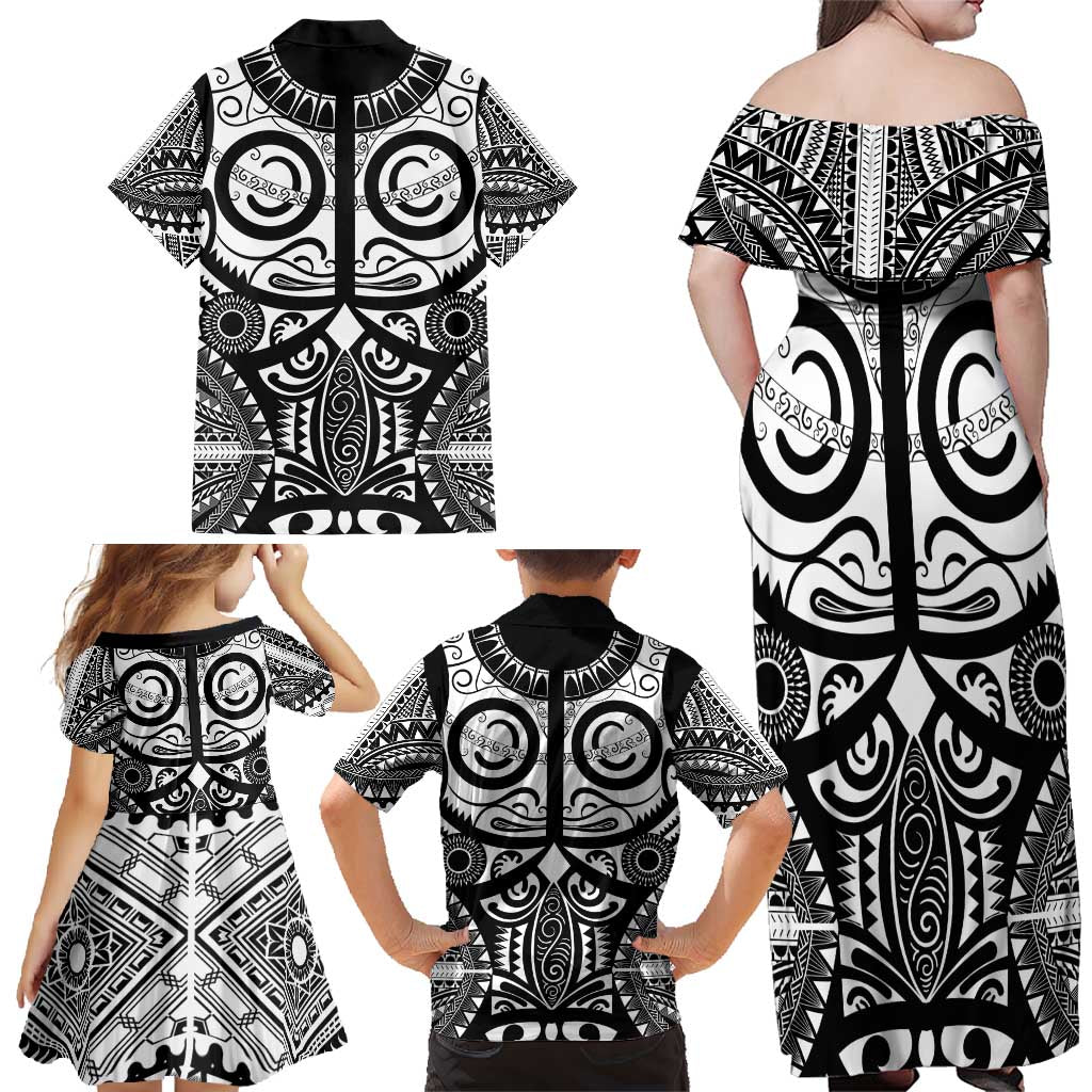 Marquesas Islands Family Matching Off Shoulder Maxi Dress and Hawaiian Shirt Marquesan Tattoo Black White Color - Polynesian Pride