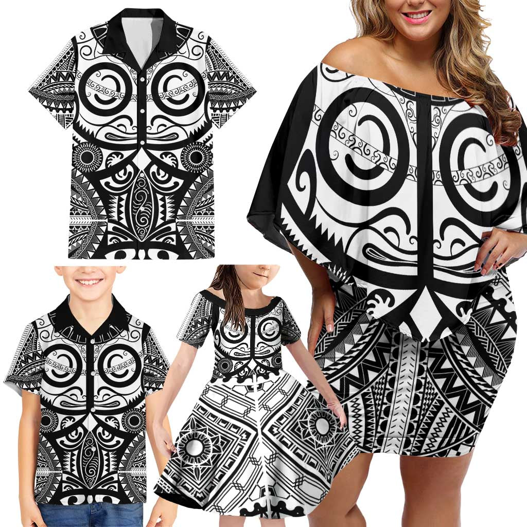 Marquesas Islands Family Matching Off Shoulder Short Dress and Hawaiian Shirt Marquesan Tattoo Black White Color - Polynesian Pride