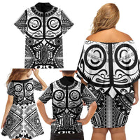 Marquesas Islands Family Matching Off Shoulder Short Dress and Hawaiian Shirt Marquesan Tattoo Black White Color - Polynesian Pride