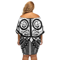 Marquesas Islands Family Matching Off Shoulder Short Dress and Hawaiian Shirt Marquesan Tattoo Black White Color - Polynesian Pride