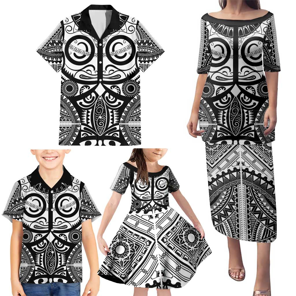 Marquesas Islands Family Matching Puletasi and Hawaiian Shirt Marquesan Tattoo Black White Color - Polynesian Pride