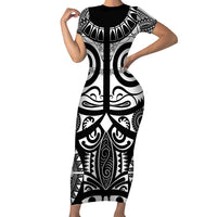 Marquesas Islands Family Matching Short Sleeve Bodycon Dress and Hawaiian Shirt Marquesan Tattoo Black White Color - Polynesian Pride