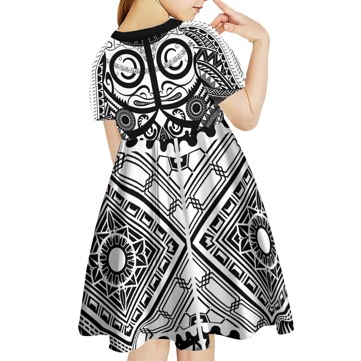 Marquesas Islands Kid Short Sleeve Dress Marquesan Tattoo Black White Color - Polynesian Pride