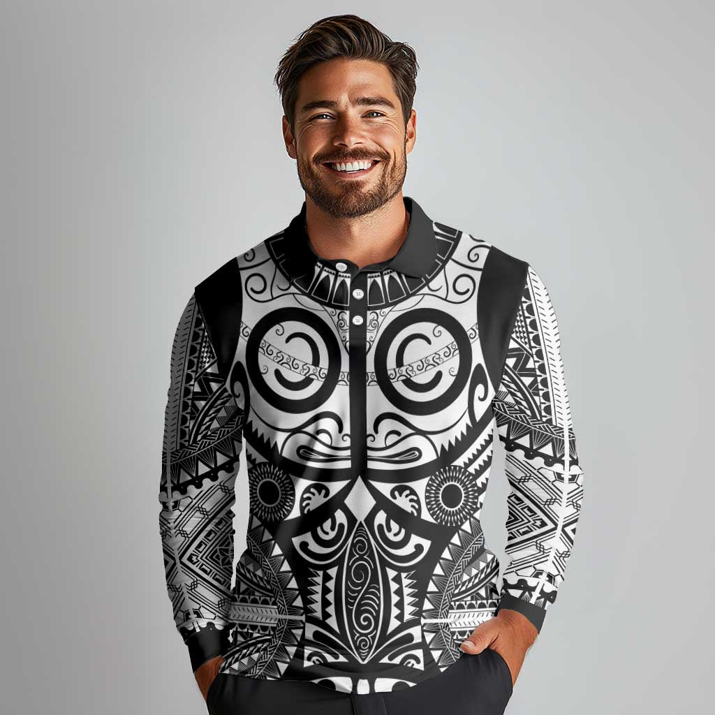 Marquesas Islands Long Sleeve Polo Shirt Marquesan Tattoo Black White Color - Polynesian Pride