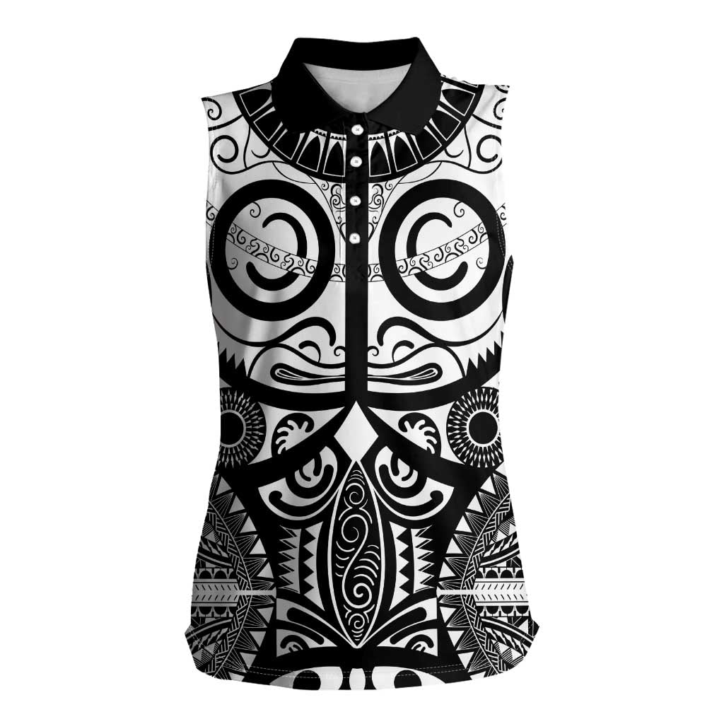 Marquesas Islands Women Sleeveless Polo Shirt Marquesan Tattoo Black White Color - Polynesian Pride