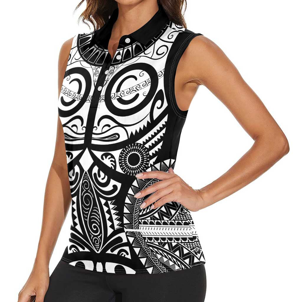 Marquesas Islands Women Sleeveless Polo Shirt Marquesan Tattoo Black White Color - Polynesian Pride