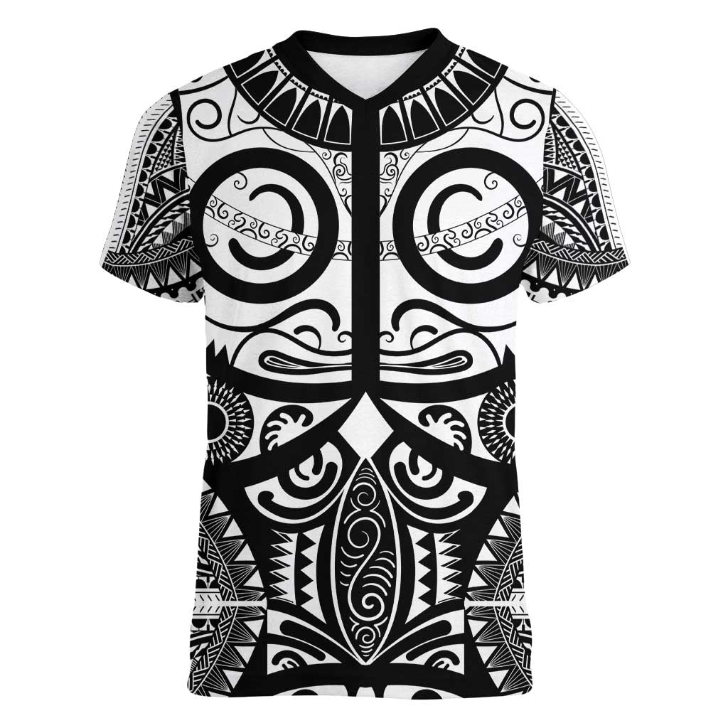 Marquesas Islands Women V-Neck T-Shirt Marquesan Tattoo Black White Color - Polynesian Pride