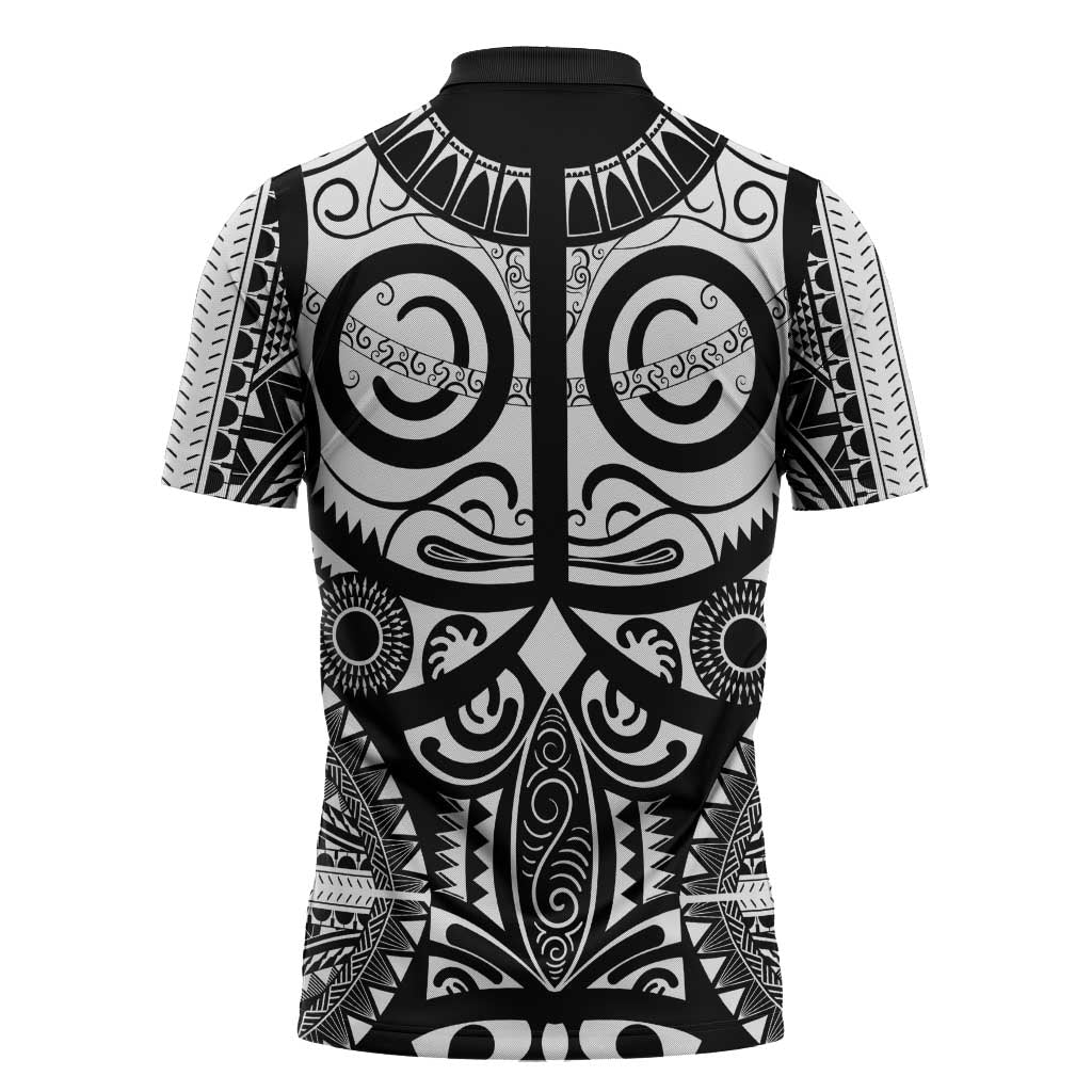 Marquesas Islands Zipper Polo Shirt Marquesan Tattoo Black White Color - Polynesian Pride