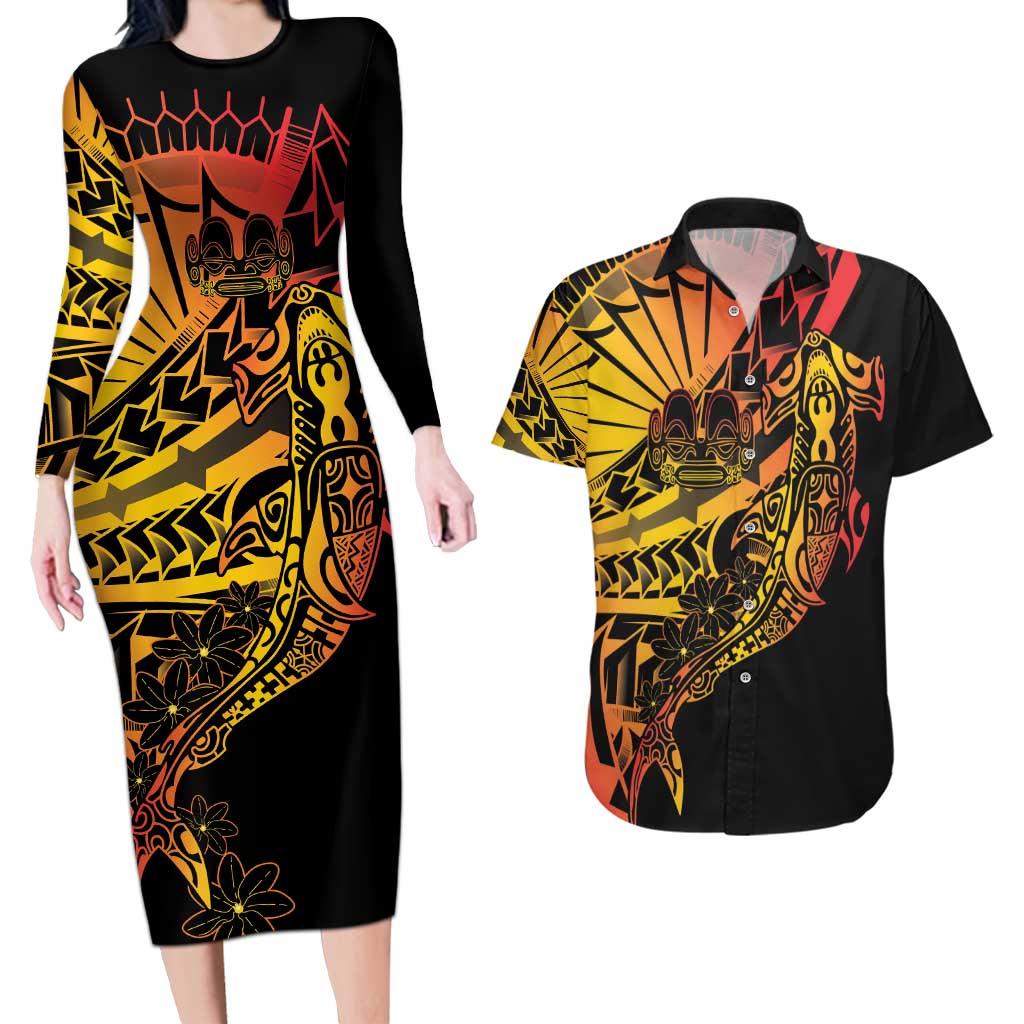 Gradient Marquesas Islands Couples Matching Long Sleeve Bodycon Dress and Hawaiian Shirt Marquesan Matatiki Hammerhead Shark Patutiki - Polynesian Pride