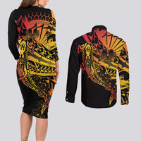 Gradient Marquesas Islands Couples Matching Long Sleeve Bodycon Dress and Long Sleeve Button Shirt Marquesan Matatiki Hammerhead Shark Patutiki - Polynesian Pride