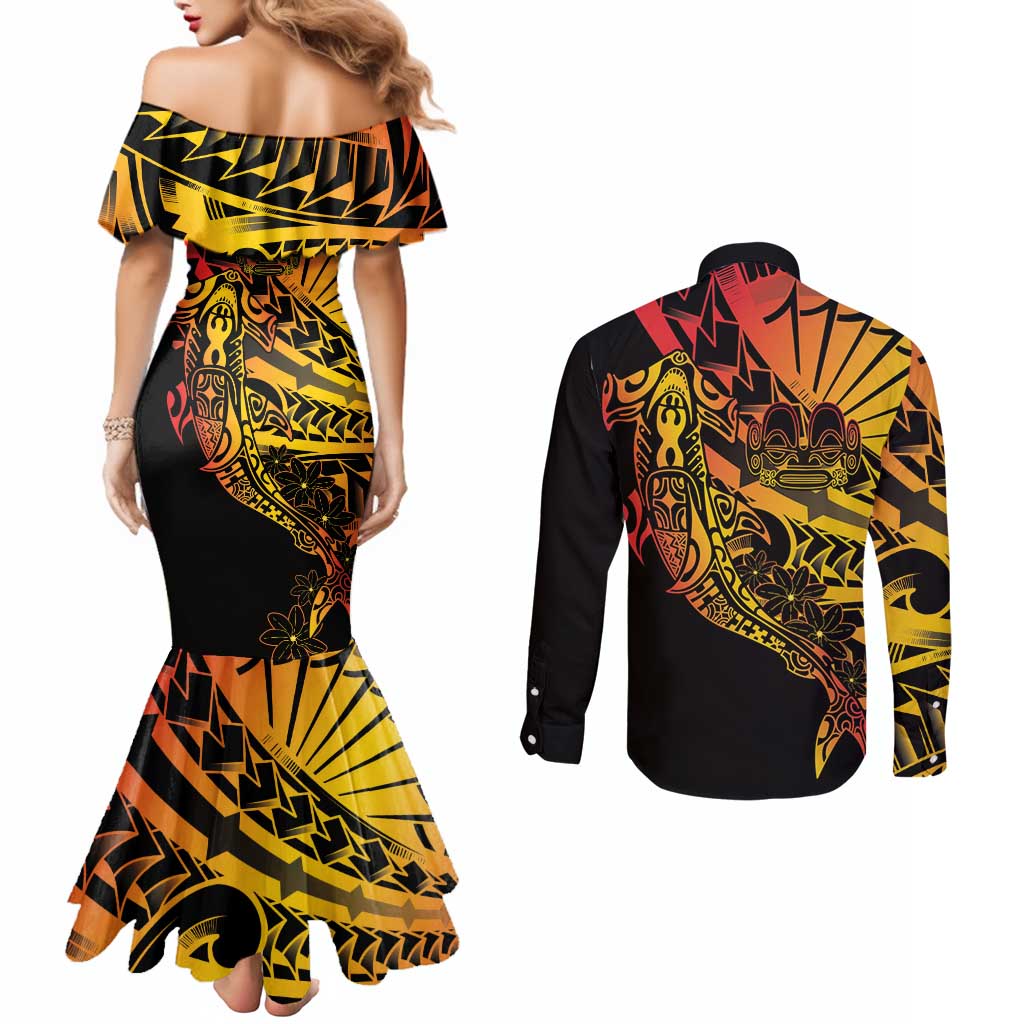 Gradient Marquesas Islands Couples Matching Mermaid Dress and Long Sleeve Button Shirt Marquesan Matatiki Hammerhead Shark Patutiki - Polynesian Pride