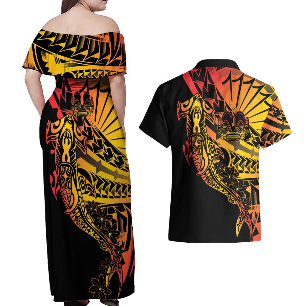Gradient Marquesas Islands Couples Matching Off Shoulder Maxi Dress and Hawaiian Shirt Marquesan Matatiki Hammerhead Shark Patutiki - Polynesian Pride