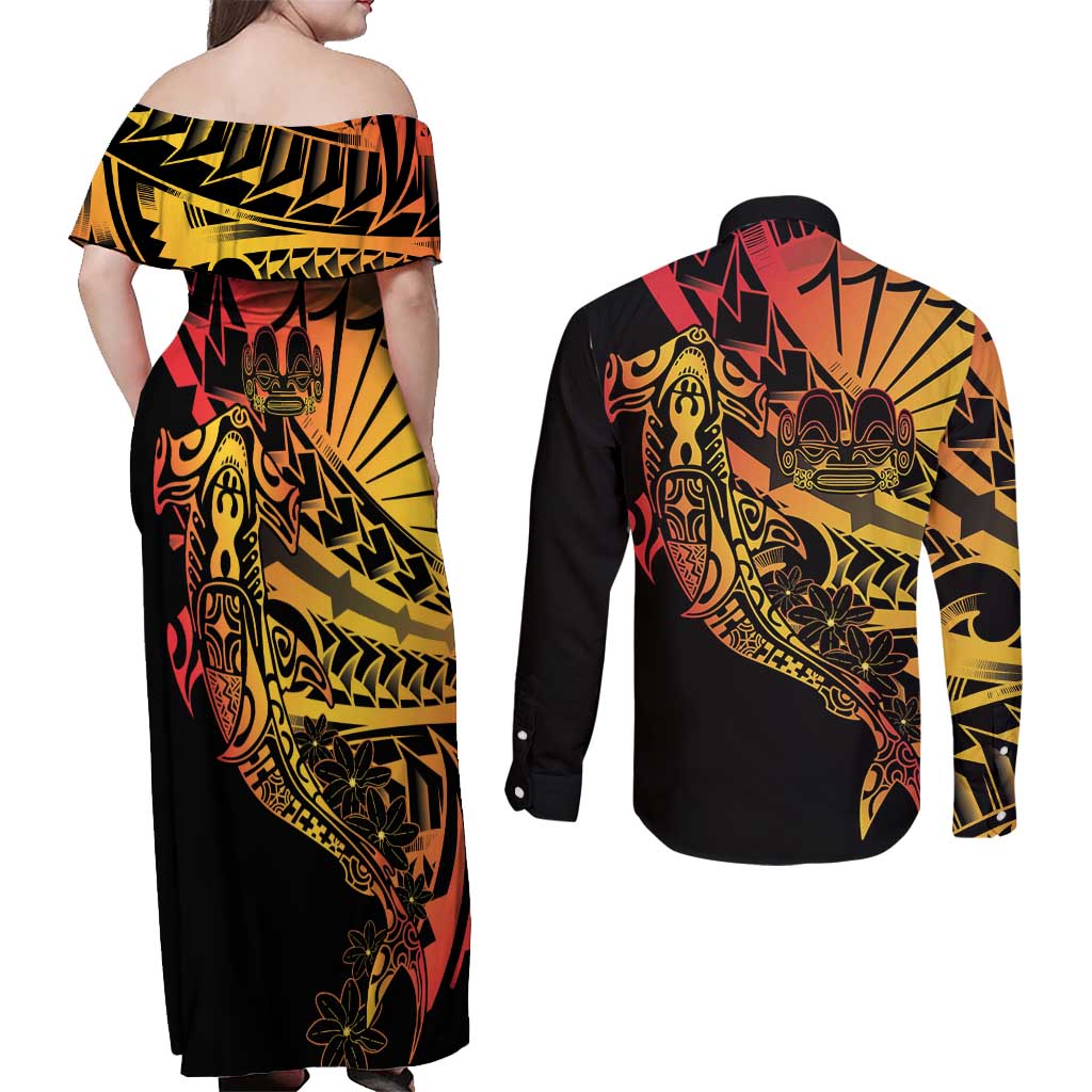 Gradient Marquesas Islands Couples Matching Off Shoulder Maxi Dress and Long Sleeve Button Shirt Marquesan Matatiki Hammerhead Shark Patutiki - Polynesian Pride