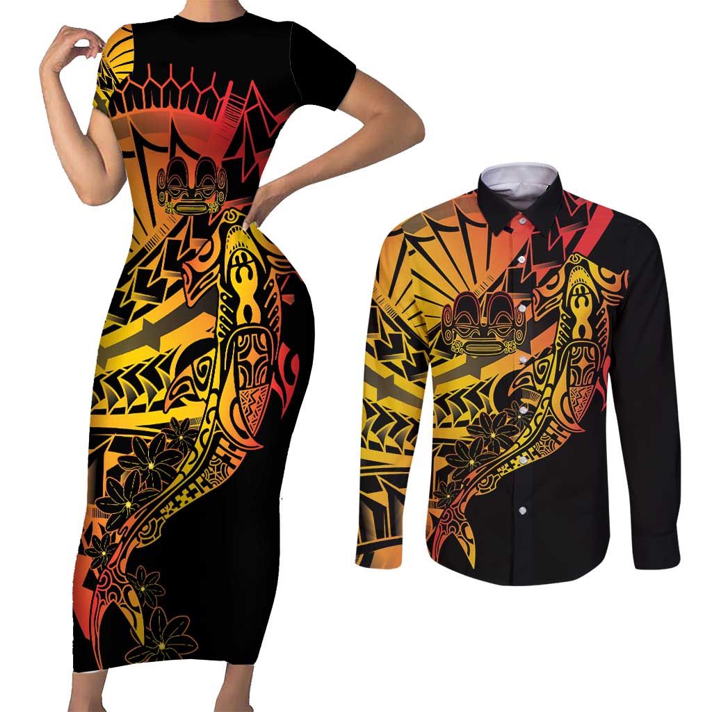 Gradient Marquesas Islands Couples Matching Short Sleeve Bodycon Dress and Long Sleeve Button Shirt Marquesan Matatiki Hammerhead Shark Patutiki - Polynesian Pride